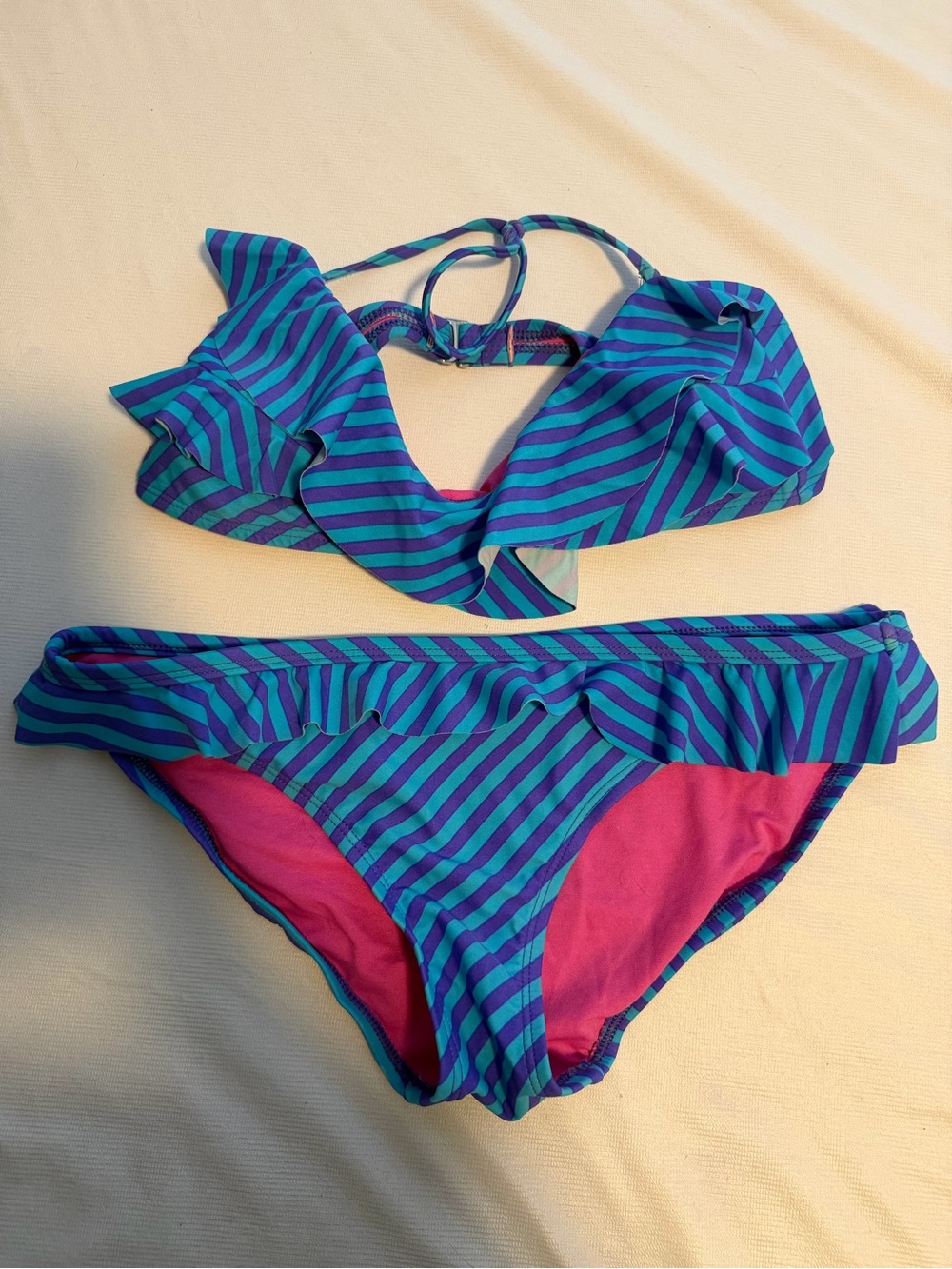Xhilaration Teal & Purple Striped Ruffle Bikini with Pink Lining